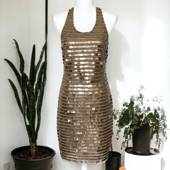 BCBG Maxazria IMAN SEQUIN BRONZE COIN CRISS CROSS PAILLETTE COIN MINI DRESS - Picture 4 of 13